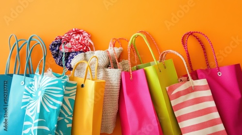 Colorful shopping bags on orange background.
