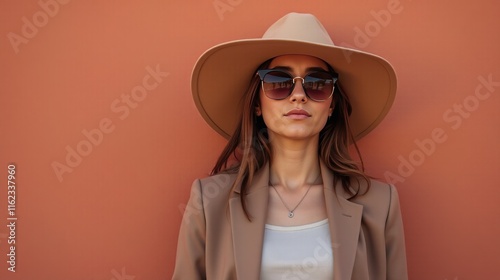 Woman in hat and sunglasses posing against a peach wall