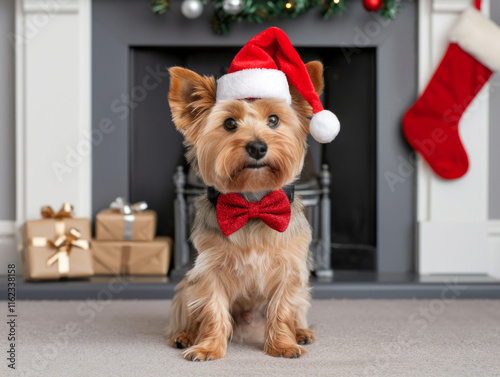 Holiday dog wearing a Santa hat and bow tie next to decorated fireplace photo