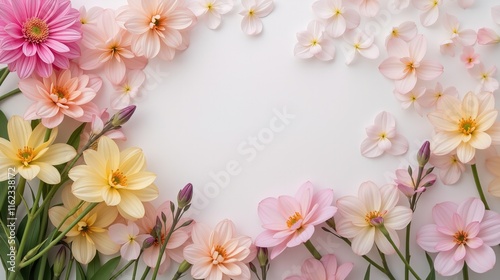  Pink and white flowers arranged on a white background