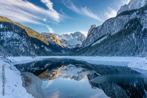 Mountain scenery in the Alps with Dachstein summit reflecting in Lake Gosausee, Salzkammergut, Austria in the Winter 