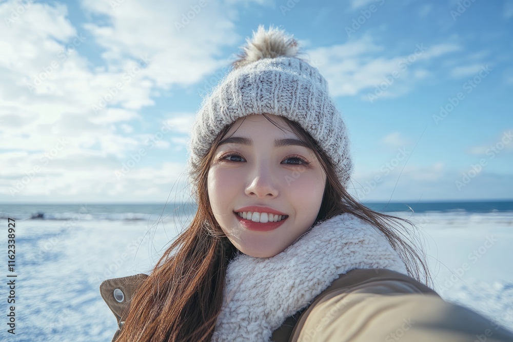 Smiling tourist taking selfie on snowy beach in winter Smiling tourist taking selfie on snowy beach in winter