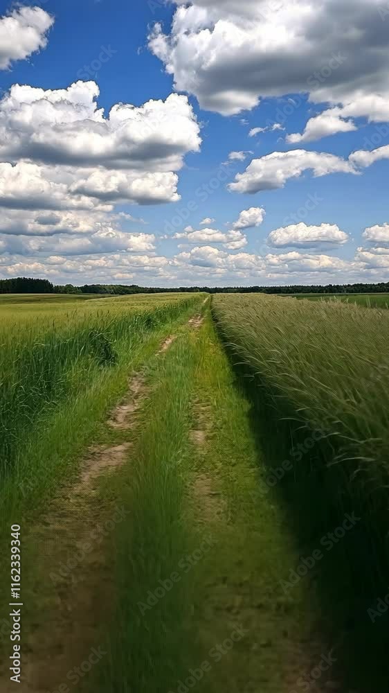 Vast open field with a dirt path under a blue sky filled with fluffy clouds on a sunny day Vast open field with a dirt path under a blue sky filled with fluffy clouds on a sunny day