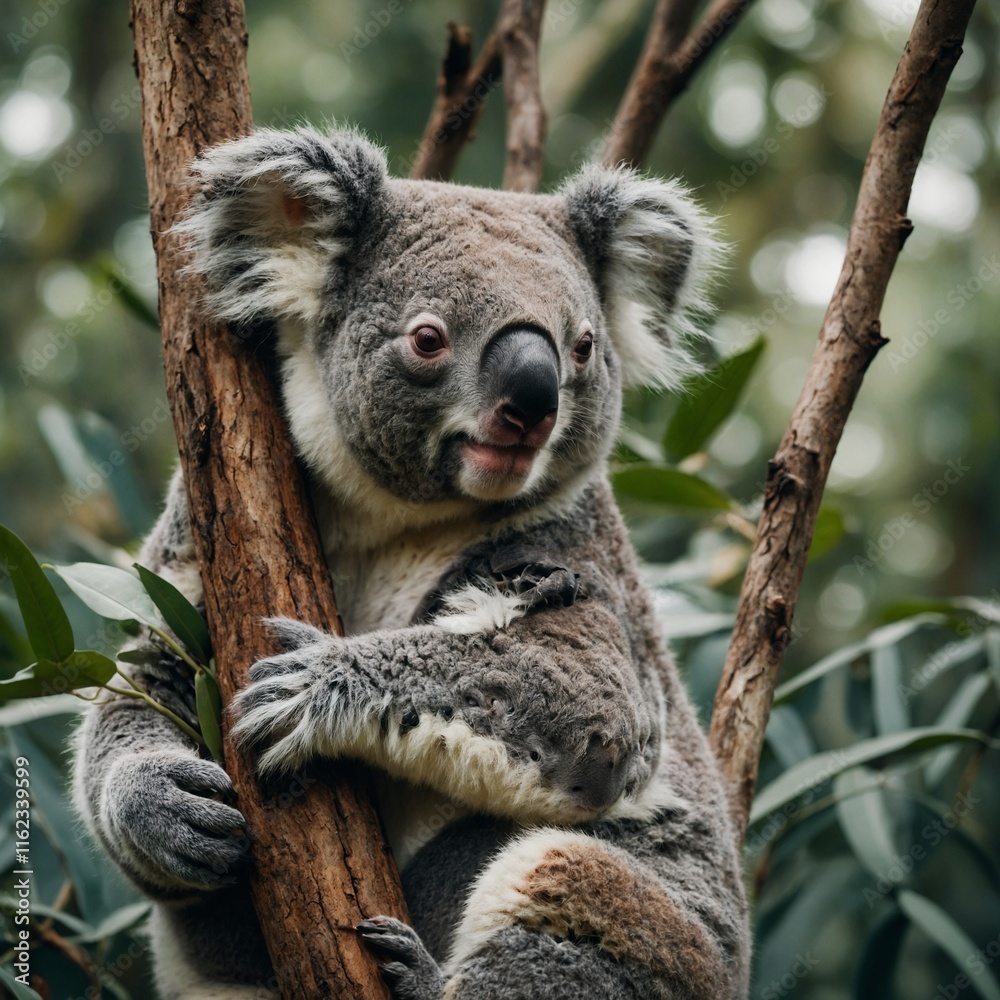 Naklejka premium A koala hugging a tree branch against a muted green background.