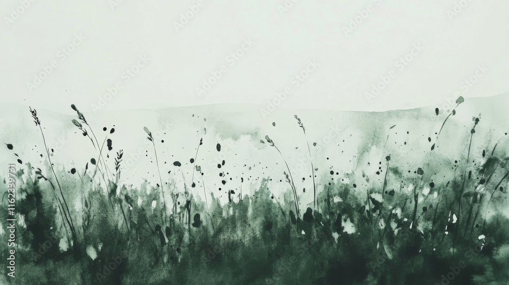 Obraz premium Vibrant watercolor grass field with delicate wildflowers in soft green tones