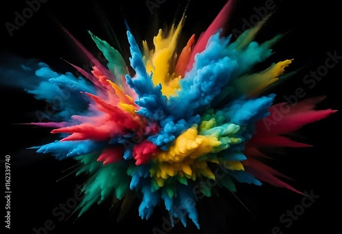 vibrant burst of multicolored powder against a black background
