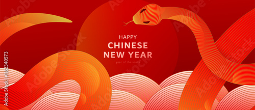 Chinese New Year 2025 vector background. Asian new year of the snake celebration banner in red, gold color, line gradient elements. Creative lunar snake celebration template