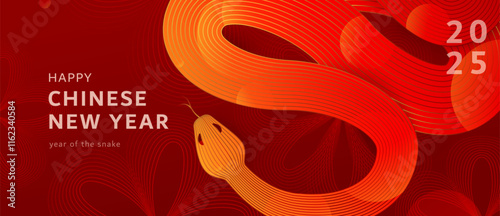 Chinese New Year 2025 vector background. Asian new year of the snake celebration banner in red, gold color, line gradient elements. Creative lunar snake celebration template