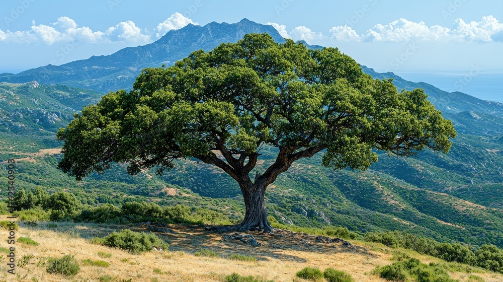 Fototapeta premium Lush tree in a mountainous landscape under a clear sky.