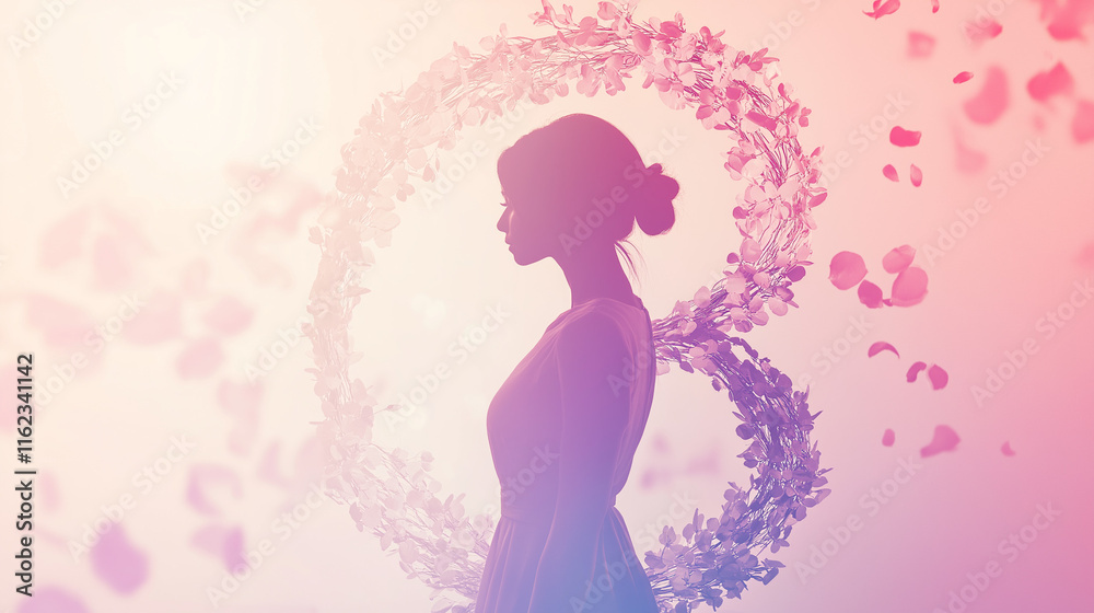 Elegant Woman Silhouette with Floral 8 on International Women's Day Elegant Woman Silhouette with Floral 8 on International Women's Day
