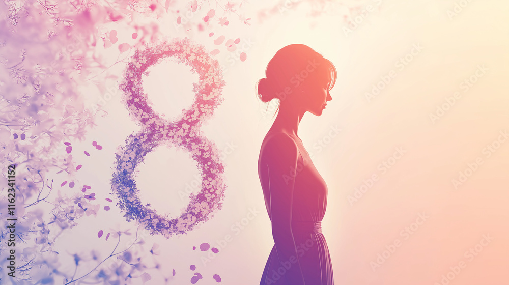 Elegant Woman Silhouette with Floral 8 on International Women's Day Elegant Woman Silhouette with Floral 8 on International Women's Day