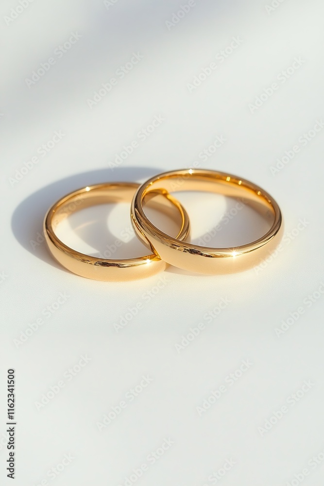 pair of intertwined gold wedding rings resting on white background with gentle shadows and highlights pair of intertwined gold wedding rings resting on white background with gentle shadows and highlights