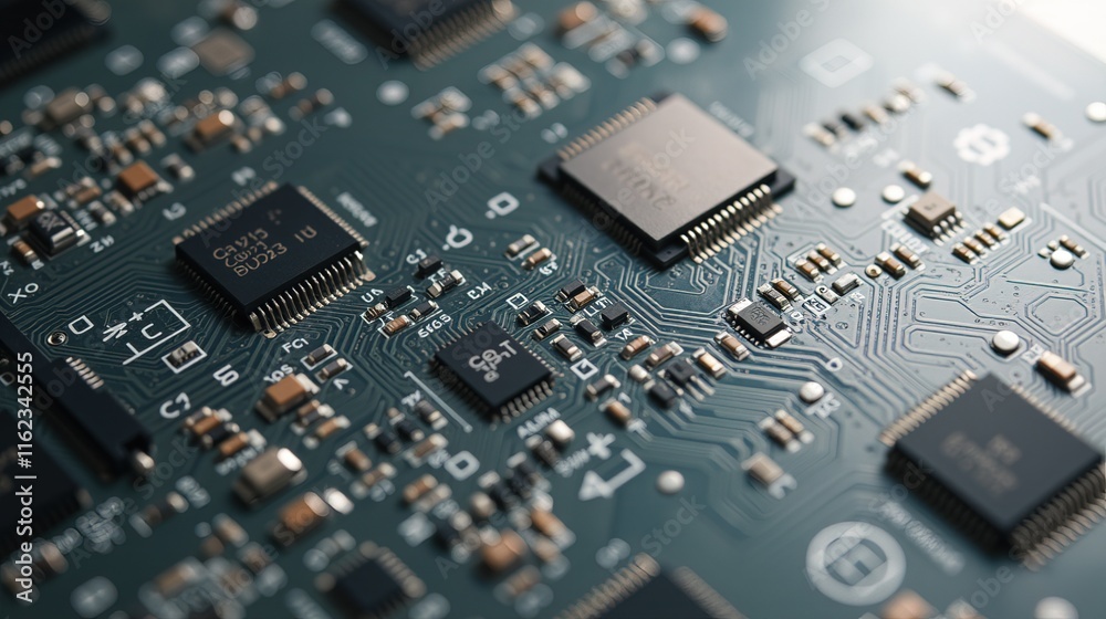 Microchips and circuits on a green circuit board Microchips and circuits on a green circuit board