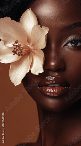 Beautiful young black  woman with flowers and petals on her face. Beauty parlor vertical banner concept, copyspace Brown, beige and mocha mousse colors.. Vertical frame for Instastory or reel. photo