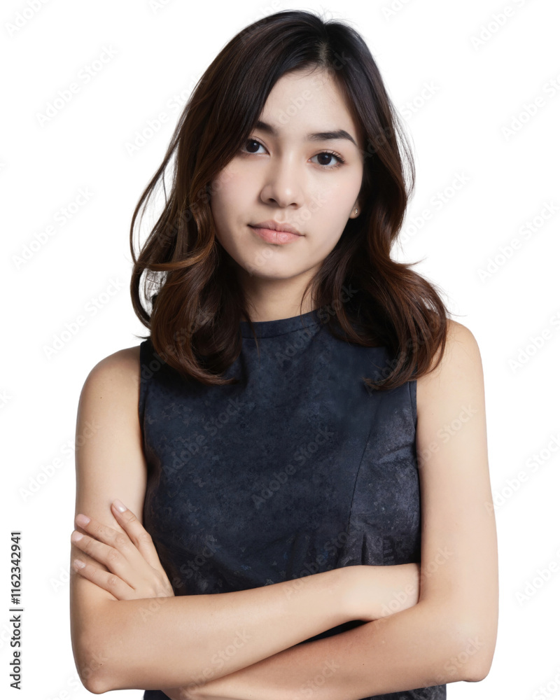A young Asian woman with shoulder-length dark hair, wearing a sleeveless dark top, stands confidently with arms crossed. on white background A young Asian woman with shoulder-length dark hair, wearing a sleeveless dark top, stands confidently with arms crossed. on white background
