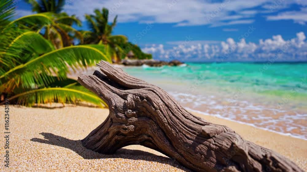 Driftwood on Tropical Beach with Palm Trees and Turquoise Water Driftwood on Tropical Beach with Palm Trees and Turquoise Water