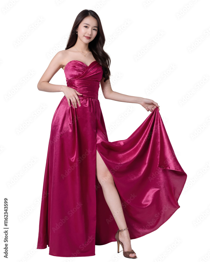 A woman in a floor-length, magenta satin dress with a thigh-high slit, poses confidently. She has long, dark hair. on white background A woman in a floor-length, magenta satin dress with a thigh-high slit, poses confidently. She has long, dark hair. on white background