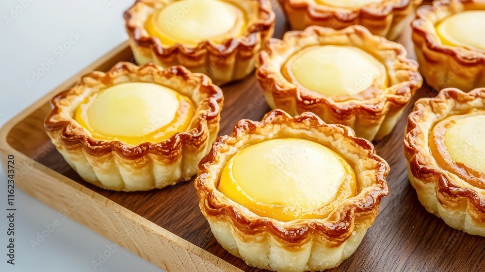 Chinese New Year Food Concept, Freshly Made Egg Tarts Arranged Beautifully on a Wooden Serving Tray for Delicious Dessert Display Chinese New Year Food Concept, Freshly Made Egg Tarts Arranged Beautifully on a Wooden Serving Tray for Delicious Dessert Display