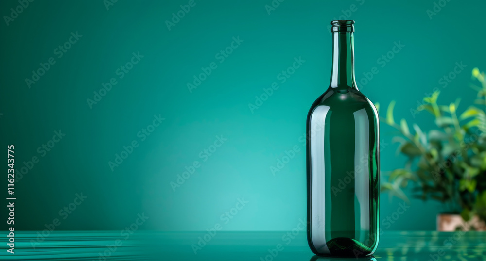 Green glass bottle stands on reflective surface against teal background Green glass bottle stands on reflective surface against teal background