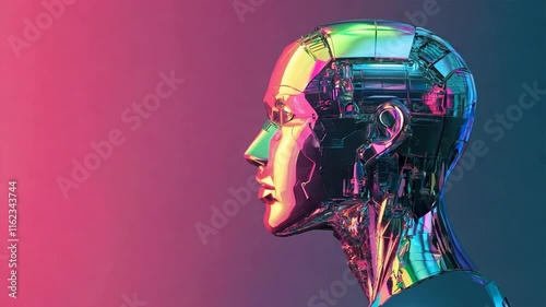 Chromatic AI: A profile view of a metallic robotic head, showcasing iridescent colors against a vibrant pink and blue gradient background.