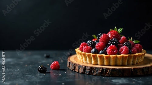 A delectable berry tart, brimming with raspberries, blackberries, and blueberries, rests elegantly on a rustic wooden board, a delightful culinary scene.