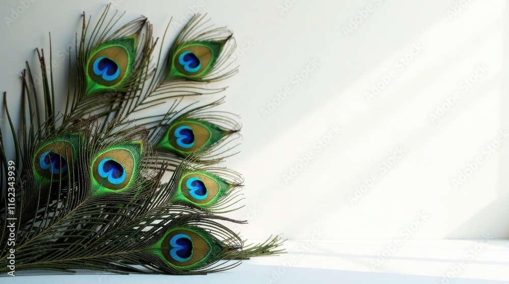 Obraz premium Elegant Peacock Feathers Arranged on White Surface, Illuminated by Soft Natural Light, Creating a Serene and Decorative Composition
