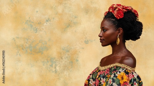 Haitian Woman in Traditional Floral Dress on Beige Background