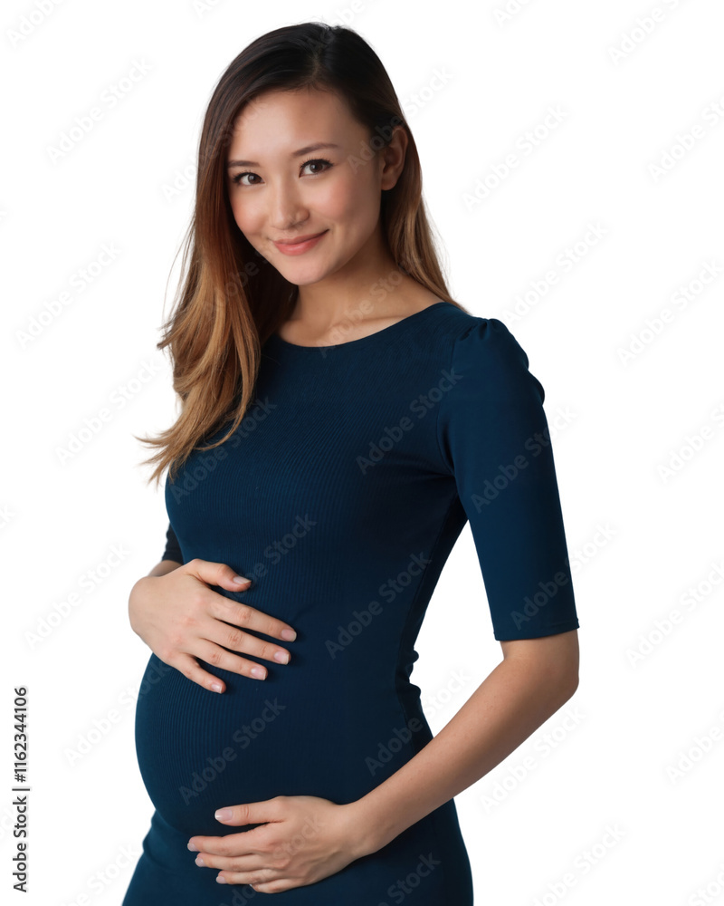 A smiling pregnant woman with straight brown hair wears a navy dress, holding her baby bump. on white background A smiling pregnant woman with straight brown hair wears a navy dress, holding her baby bump. on white background