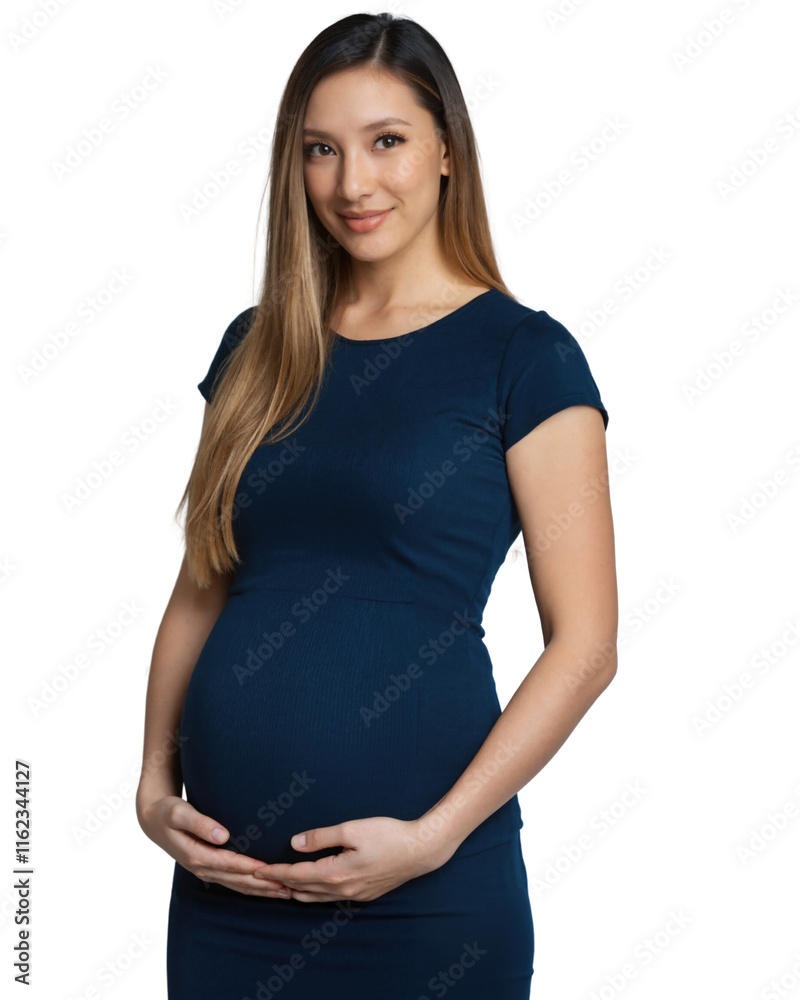 A smiling pregnant woman with straight brown hair wears a navy dress, holding her baby bump. on white background A smiling pregnant woman with straight brown hair wears a navy dress, holding her baby bump. on white background