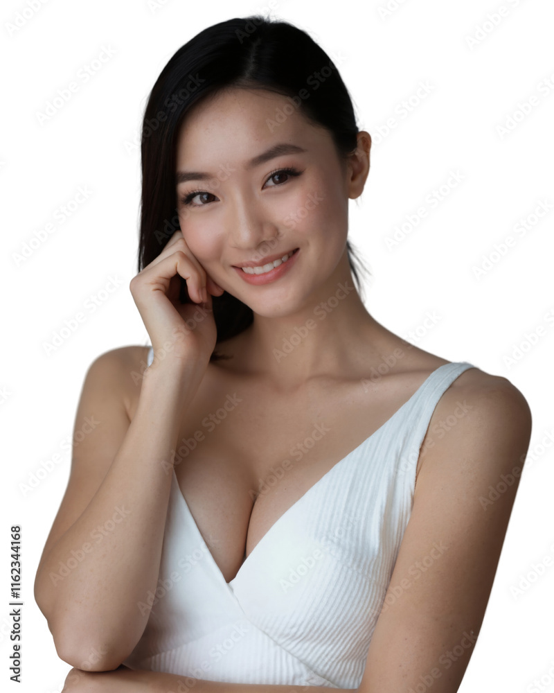 A smiling Asian woman with medium skin tone, black hair, wearing a white dress, against on white background A smiling Asian woman with medium skin tone, black hair, wearing a white dress, against on white background