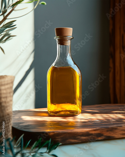Olive oil bottle with a light background.
