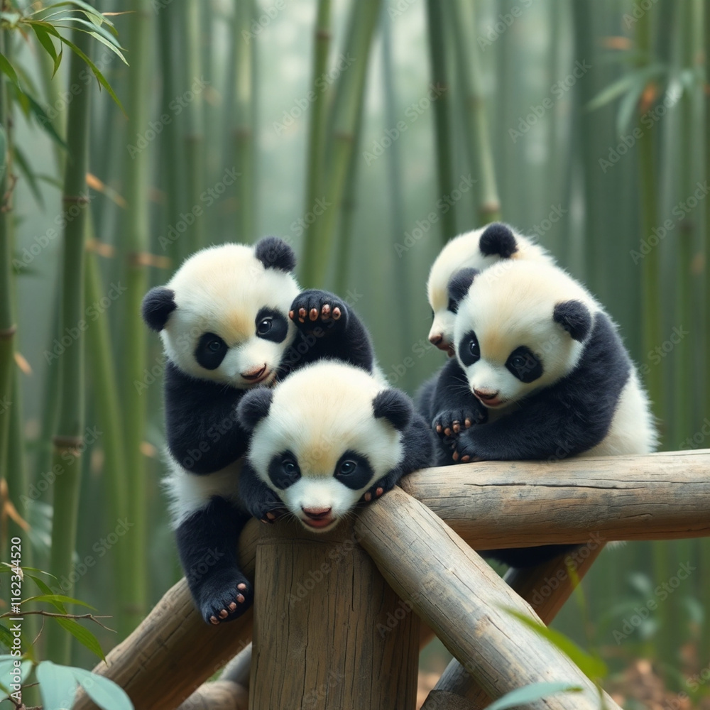 Obraz premium Baby Pandas Playing in Natural Bamboo Habitat