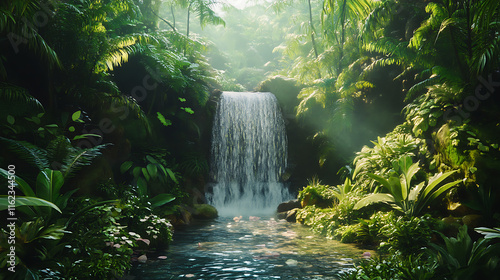 Fototapeta Naklejka Na Ścianę i Meble -  A lush tropical rain forest waterfall