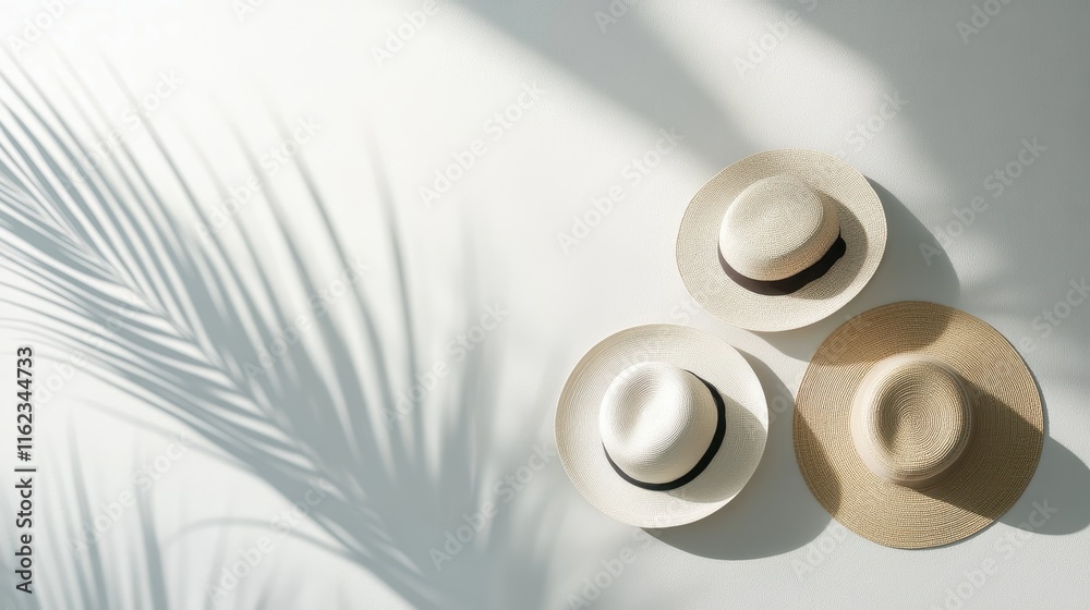 Three Straw Hats Resting In Sunlight Shadow Three Straw Hats Resting In Sunlight Shadow