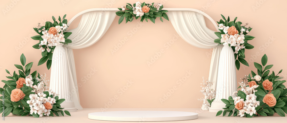 Fototapeta premium Elegant floral arch with draped fabric and greenery for events