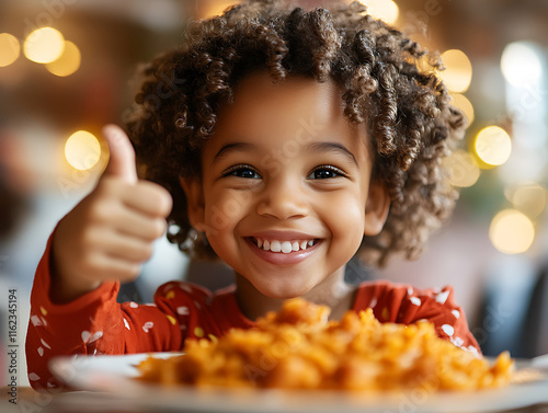joyful child with curly hair gives thumbs up while enjoying plate of pasta. warm atmosphere and bright background enhance cheerful mood of scene