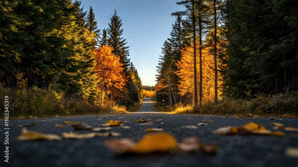 Fototapeta premium Scenic autumn road surrounded by colorful trees.