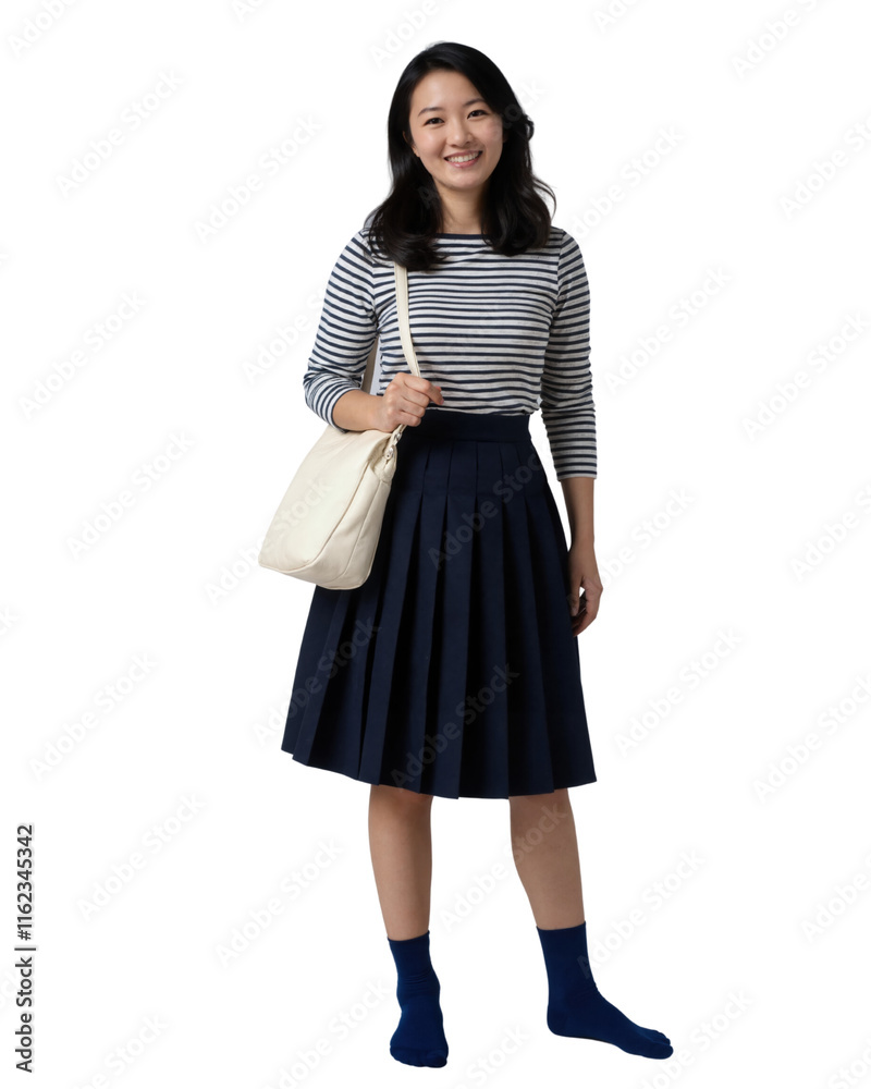 A smiling Asian woman in a striped shirt and pleated skirt, carrying a white handbag, stands against on white background A smiling Asian woman in a striped shirt and pleated skirt, carrying a white handbag, stands against on white background