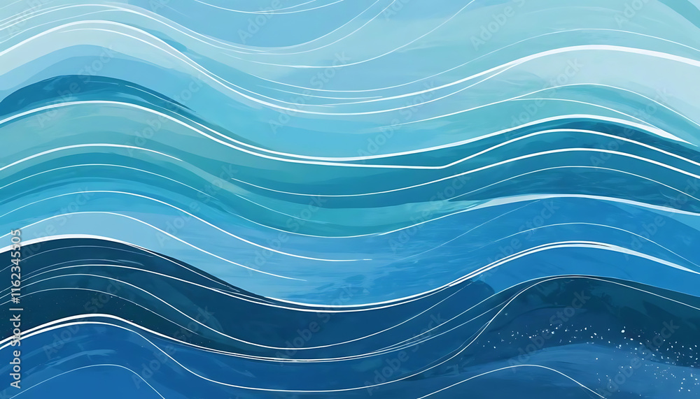 Fototapeta premium Abstract Blue Ocean Waves Watercolor Style Painting
