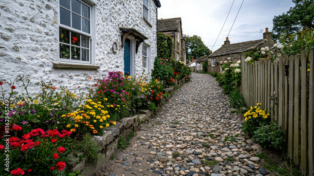 Fototapeta premium Quaint Narrow Cobblestone Footpath Through Colorful Flowering Cottages