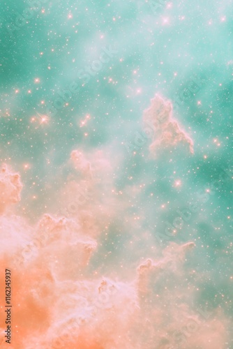 nebula-inspired design featuring vibrant turquoise and coral textures accented by shimmering stars and glowing halos