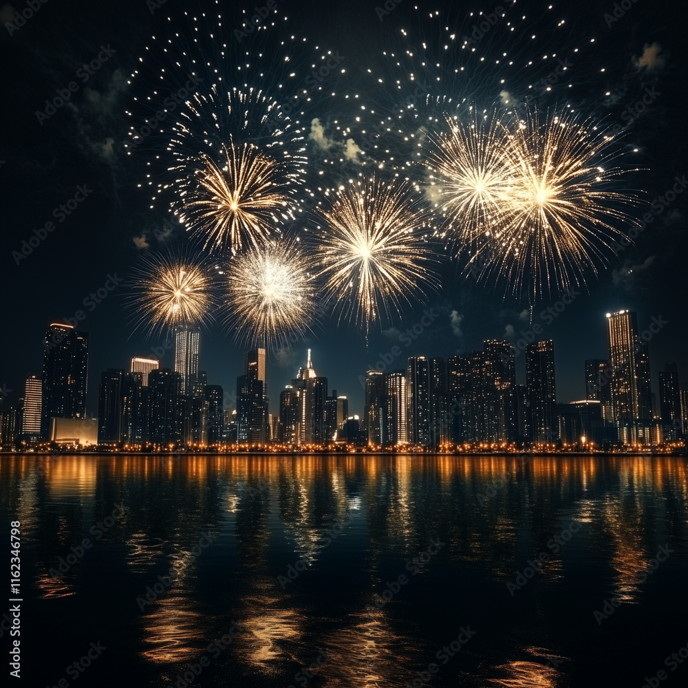 Fototapeta premium A fireworks sparkling over a metropolitan skyline at night