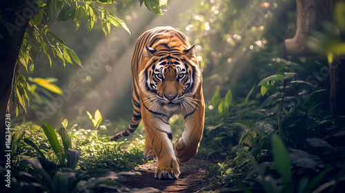 Majestic tiger prowling through a sunlit jungle