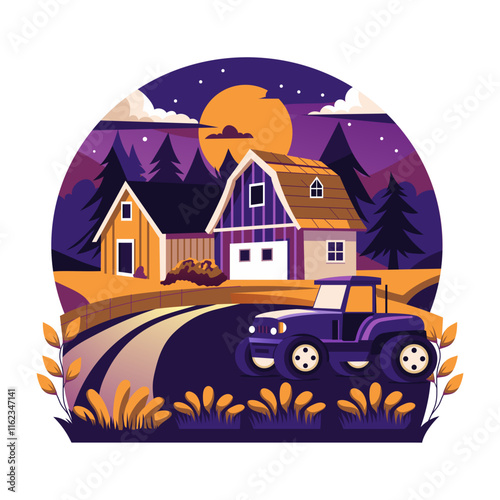 A flat illustration of a farmhouse 
