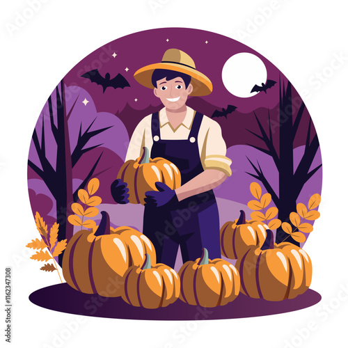 A flat illustration of a man harvest pumpkins 