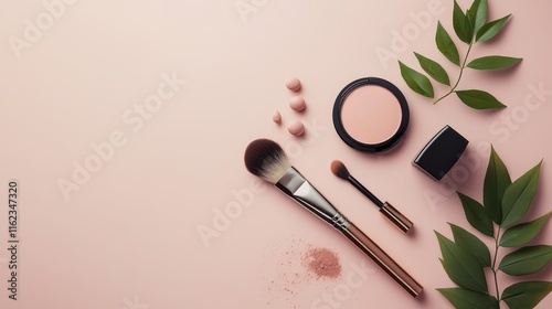 Rose gold makeup brushes and blush compact on pink background