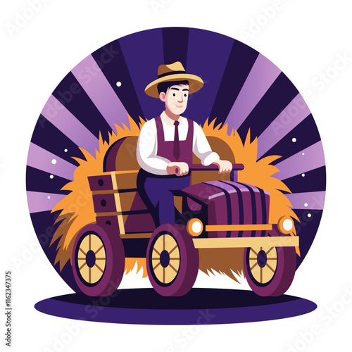 A farmer driving a hay truck, a flat style illustration 