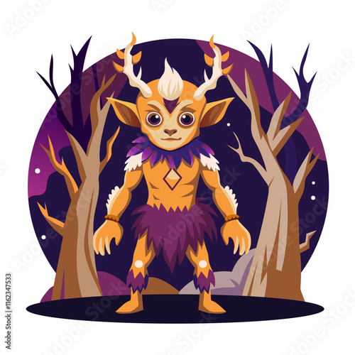 A flat illustration of horned creature standing in forest 
