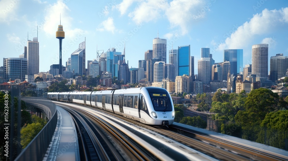 Modern light rail train on elevated tracks overlooking a city skyline. Modern light rail train on elevated tracks overlooking a city skyline.