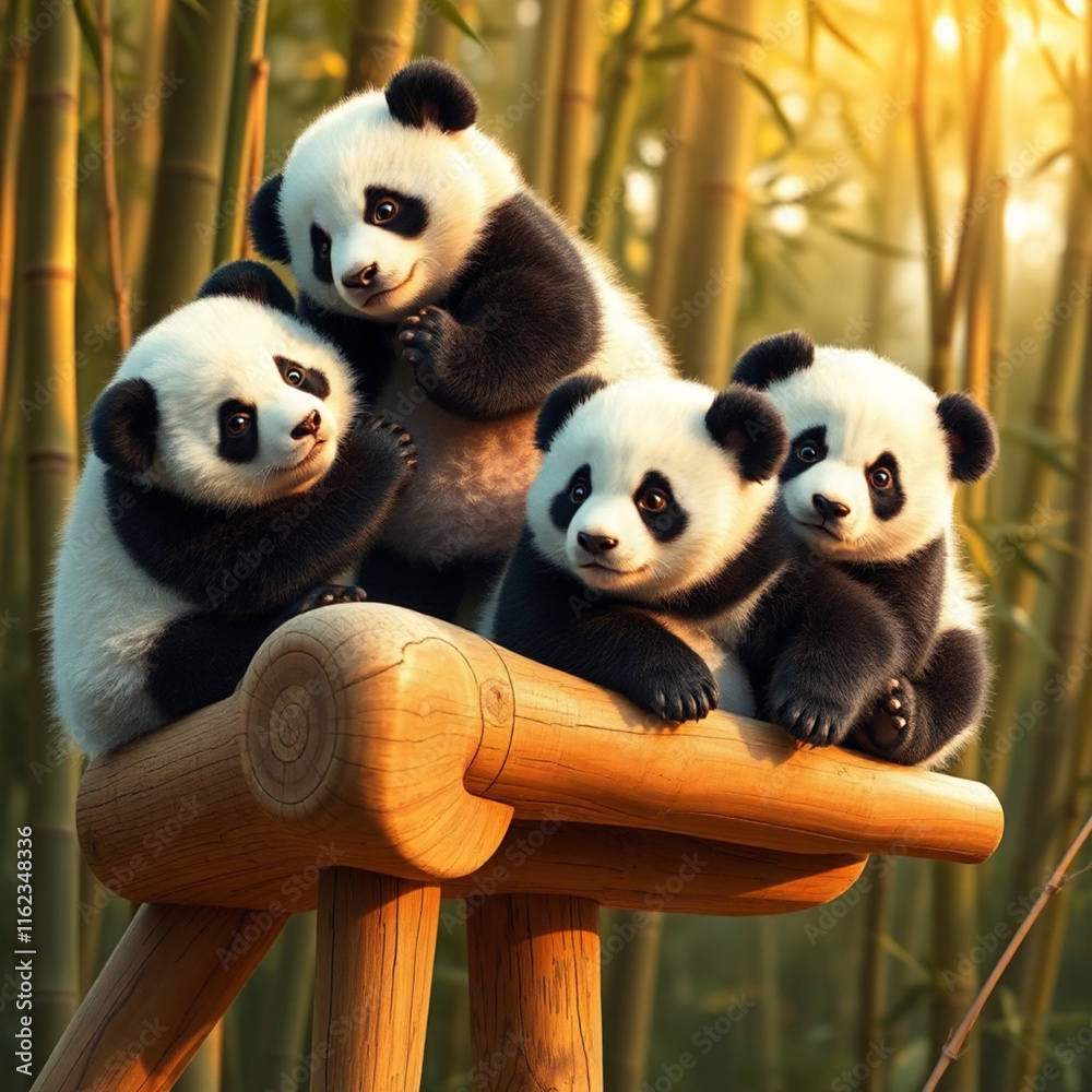 Obraz premium Baby Pandas Playing in Natural Bamboo Habitat